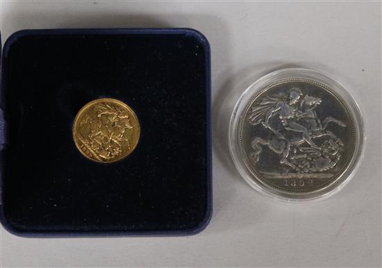 A Victoria 1889 gold full sovereign and a Victorian 1892 crown.